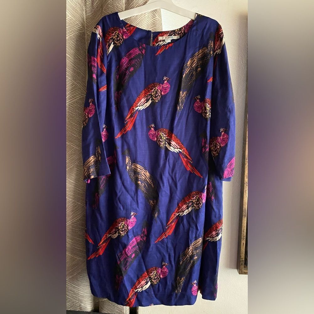 Boden Tunic Dress Viscose & Silk Peacock Print 3/4 Sleeve Sz 14 L